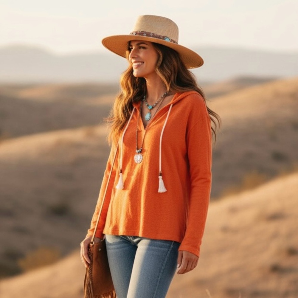Sigrid‎ Olsen 100% Linen Orange Boho Tassel Hoodie Women's - Size Small
